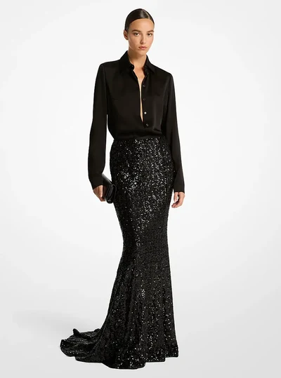 Michael Kors Collection Sequin Embroidered Stretch Fishtail Skirt, Black