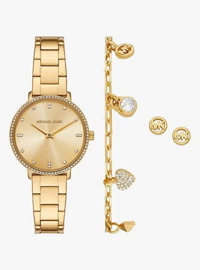 Michael Kors Mini Pyper Pavé Gold-Tone Watch and Jewlery Gift Set, GOLD