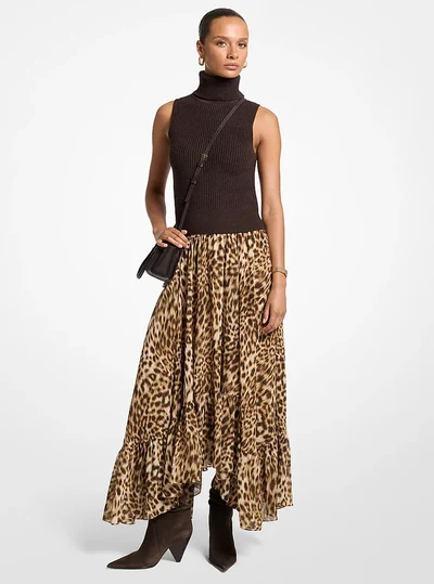 MICHAEL Michael Kors Leopard Print Georgette High-Low Skirt, DARK CAMEL