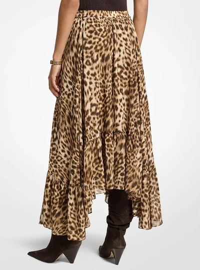 MICHAEL Michael Kors Leopard Print Georgette High-Low Skirt, DARK CAMEL