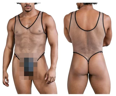 Candyman Men's Underwear 99858 Fishnet Bodysuit Color Beige-Black, Beige-Black