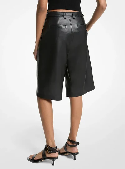 MICHAEL Michael Kors Pleated Leather Bermuda Shorts, Black