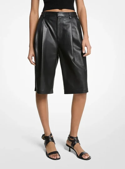 MICHAEL Michael Kors Pleated Leather Bermuda Shorts, Black